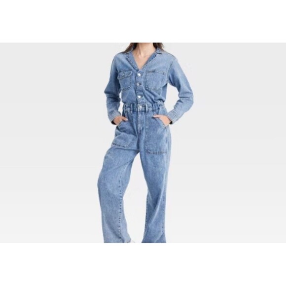 Universal Thread Viral Long Sleeve Utility Baggy Medium Blue Denim Jumpsuit ~ 8 - Picture 1 of 5